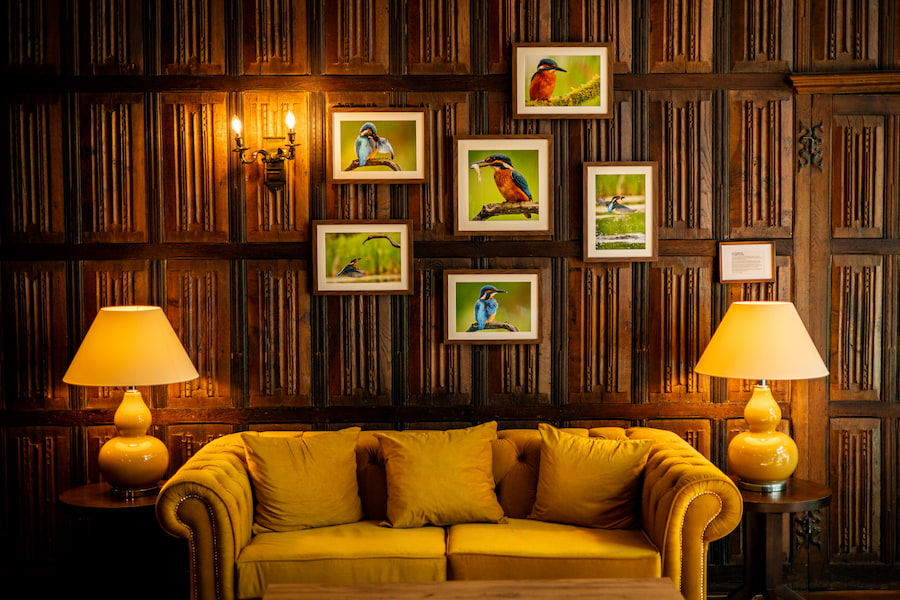 The kingfisher photos hung up above a yellow sofa.