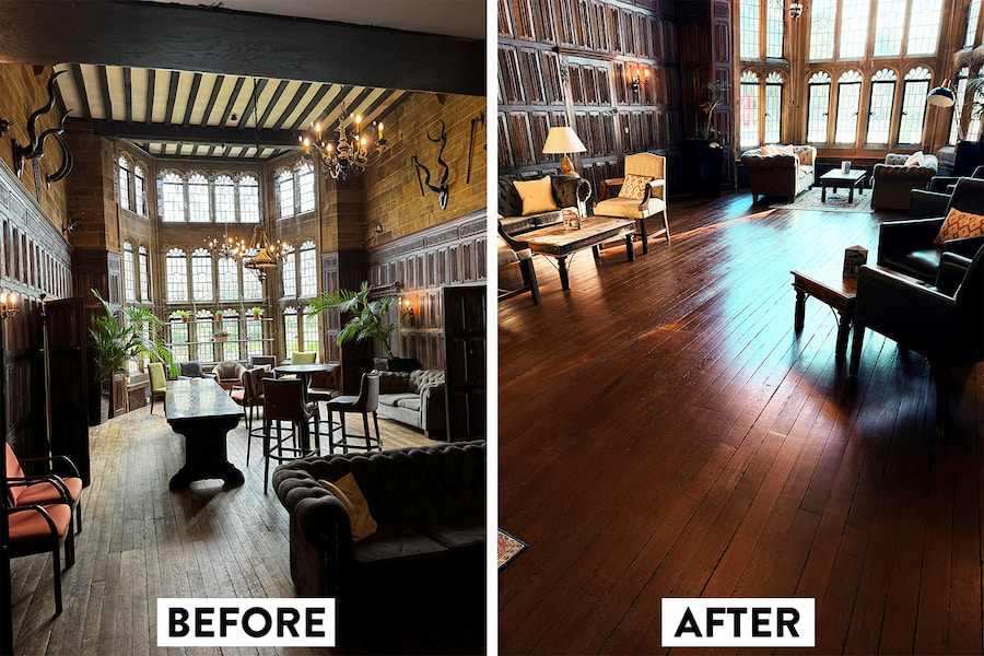 A before and after image of the Baronial Hall flooring show how faded it was before and how rich and smooth it looks now.